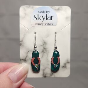 Handmade Shrinking Plastic Teal Flip Flop Dangle Earrings